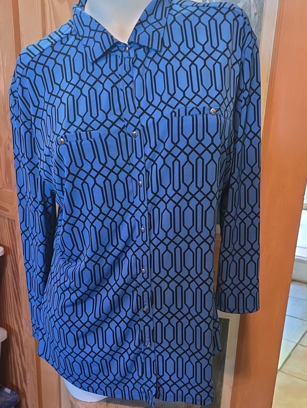 New York & Company Blue Geometric  Blouse